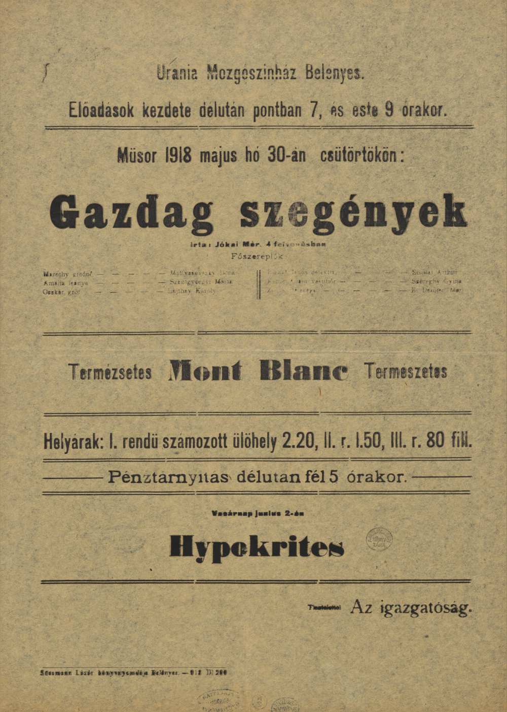 Gazdag szegények. Filmplakát, 1918. – Térkép-, Plakát- és Kisnyomtatványtár, Jelzet: Szöv.pl 1918