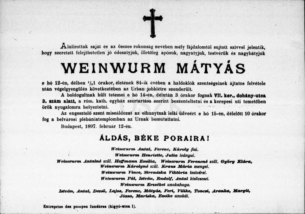 Weinwurm Mátyás gyászjelentése, 1897. – Térkép-, Plakát- és Kisnyomtatványtár. Gyászjelentés-gyűjtemény