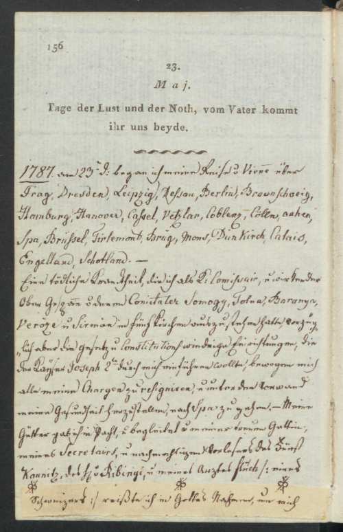 Gessner, Georg [hrsg.]: Memorabilien der Zeit, Wien – Baden – Triest, Geistinger, [1804]. Jelzet: Oct. Germ. 257. 1787. május 23. – Kézirattár