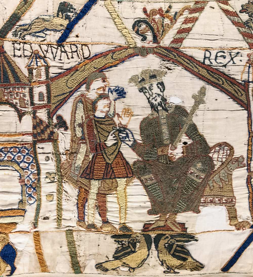 Hitvalló Eduárd trónra lépése. A Bayeux-i kárpit nyitójelenete. A kép forrása: Wikipédia (angol nyelvű kiadás) https://en.wikipedia.org/wiki/Edward_the_Confessor
