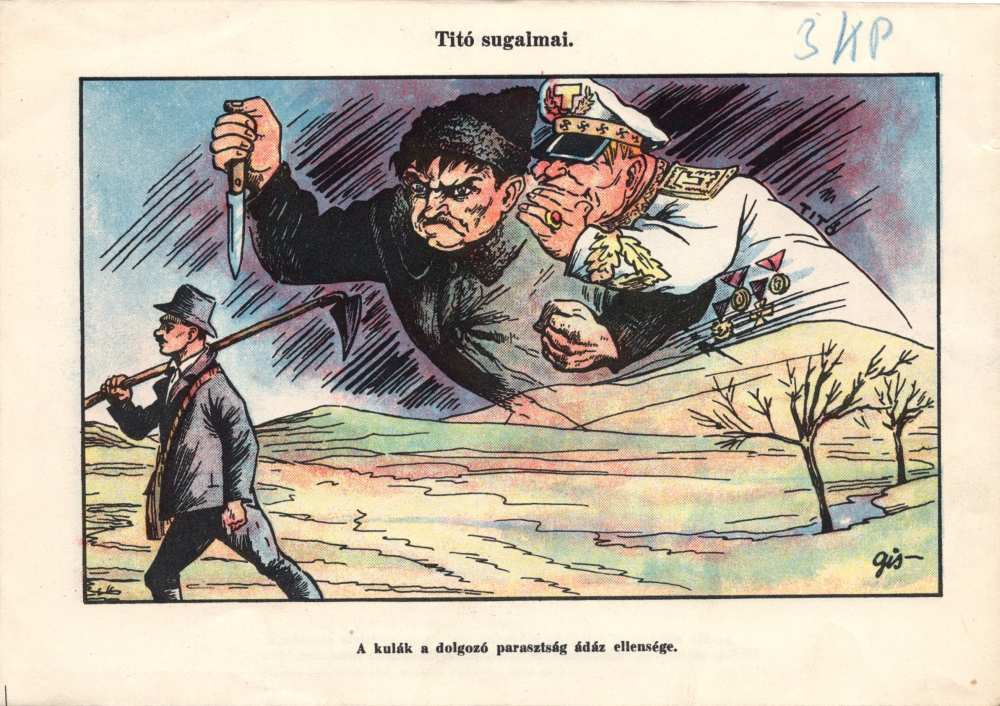 A dolgozó nép ádáz ellenégei, az imperialisták szövetségesei a kulákok (színes karikatúragyűjtemény). Éves Aprónyomtatványok 731. doboz, 1952 – Térkép-, Plakát- és Kisnyomtatványtár