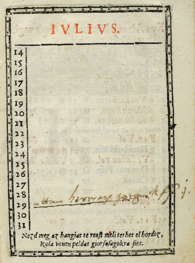 [Július] – „Kalendarium, es az ielen valo…”, 1583 (RMNY 503) – Régi Nyomtatványok Tára 
