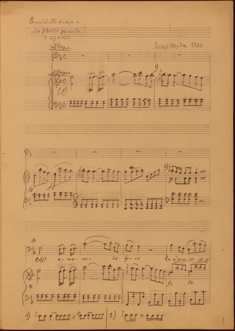 Joseph Haydn: La fedeltà premiata (A hűség jutalma). Opera három felvonásban. (Hob. XXVIII/10). Perrucchetto, a különc gróf áriája az első felvonásból: Coll’ amoro so face… Vécsey Jenő átirata, részlet. Szerzői autográf. Jelzet: Ms. Mus 4.528 – Színháztörténeti és Zeneműtár. Az ária meghallgatható: https://www.youtube.com/watch?v=x5ClzMHdnYg