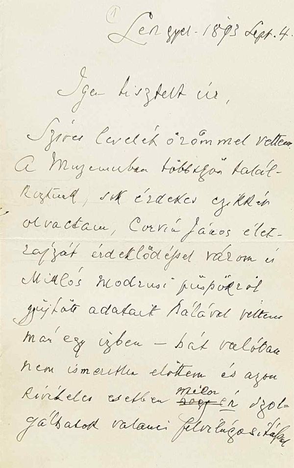 Apponyi Sándor levele Schönherr Gyulához. 1893. szeptember 4. Első oldal. Jelzet: Levelestár – Kézirattár