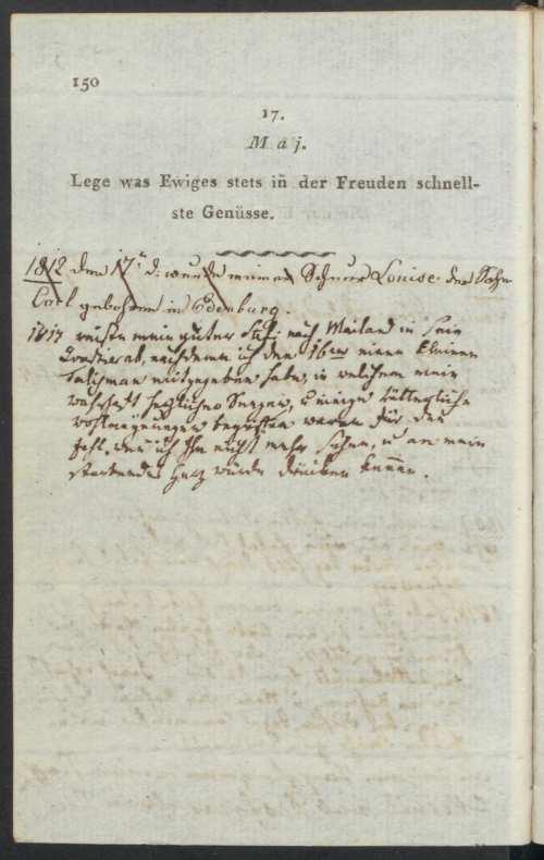 Széchényi Ferenc 1817. május 17-i bejegyzése. In: Gessner, Georg [hrsg.]: Memorabilien der Zeit, Wien – Baden – Triest, Geistinger, [1804]. Jelzet: Oct. Germ. 257. – Kézirattár