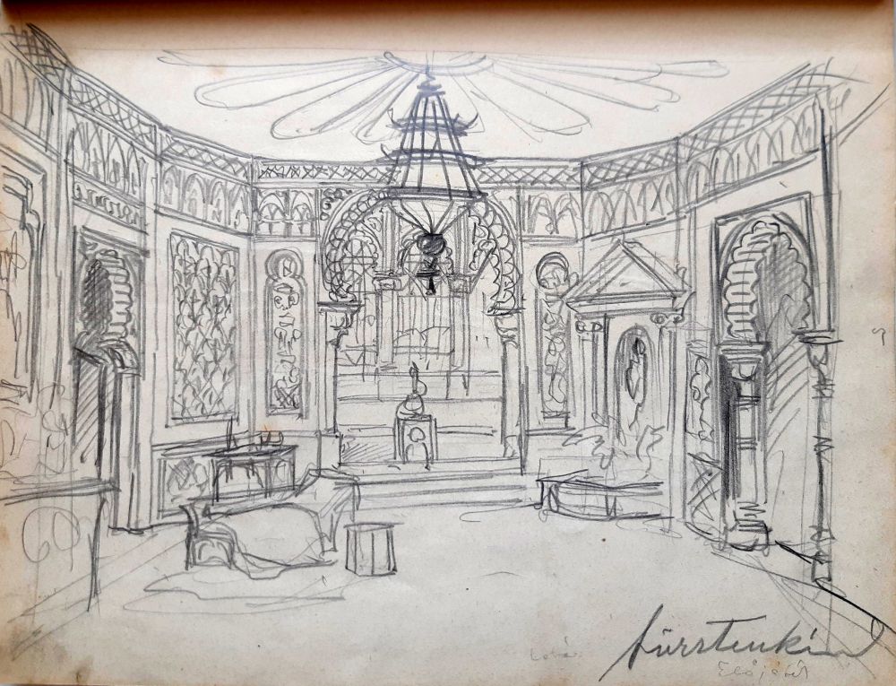 Díszletvázlat Lehár Ferenc A hercegkisasszony című operettjéhez, Operaház, 1911. Jelzete: Limbus KJ 54/5 – Színháztörténeti és Zeneműtár