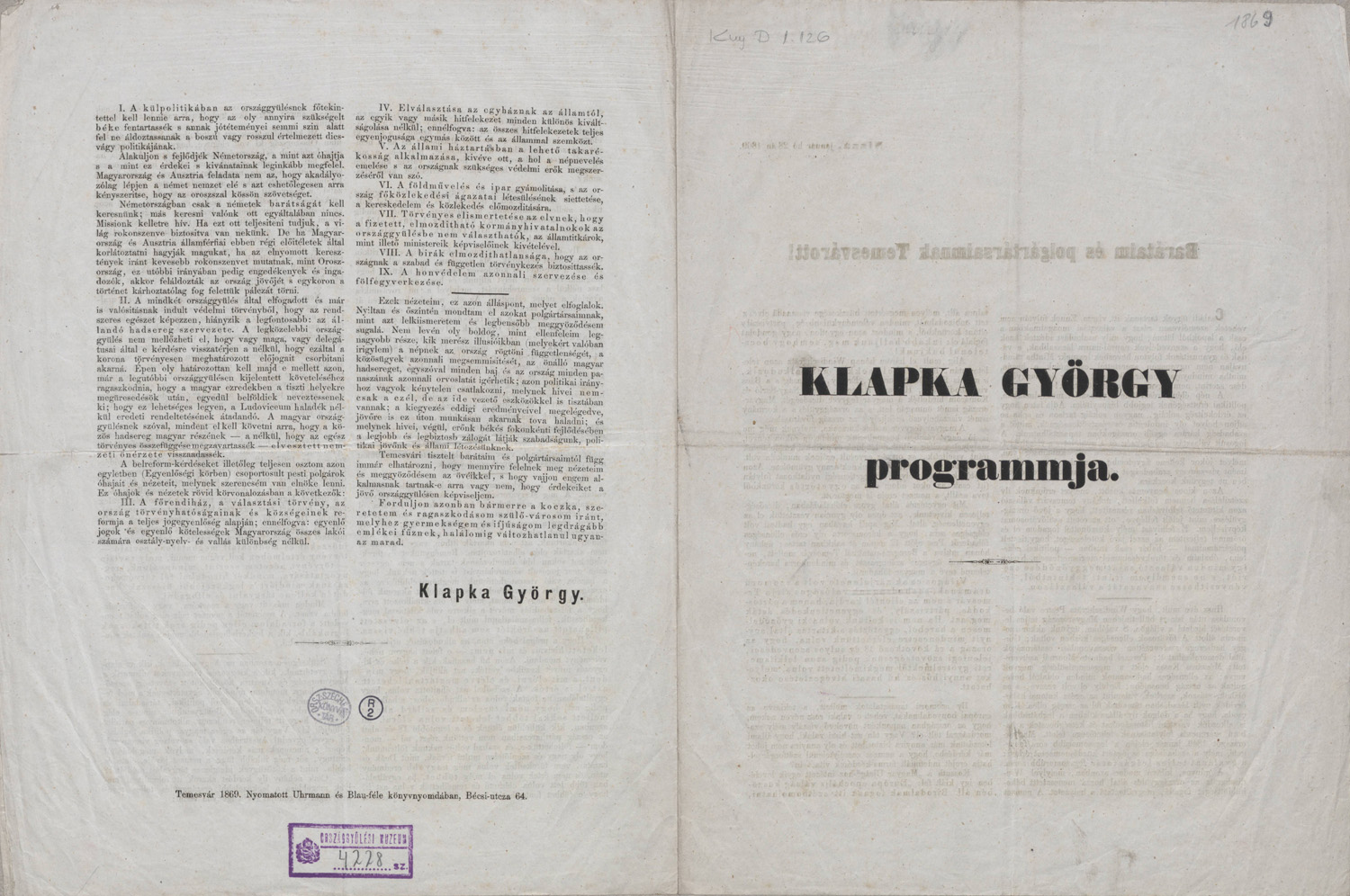 Klapka György programmja. Temesvár, Uhrmann és Blau-féle könyvny., 1869. – Plakát- és Kisnyomtatványtár, Kny.D 1.126 