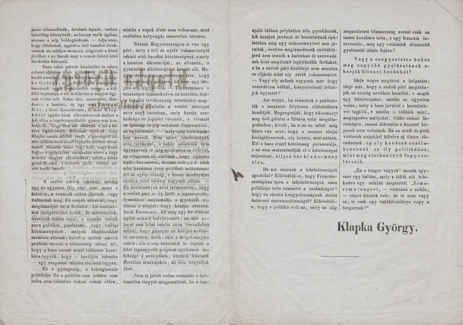 Klapka György nyilatkozata. [S.l.], [s.n.], [1869]. – Plakát- és Kisnyomtatványtár, Kny.D 3.992 