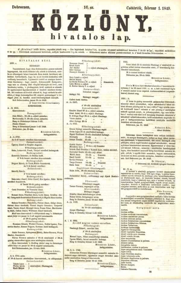 Közlöny, 2. évf. 16. sz. (1849. február 1.). Címlap – Törzsgyűjtemény https://nektar.oszk.hu/hu/manifestation/953541