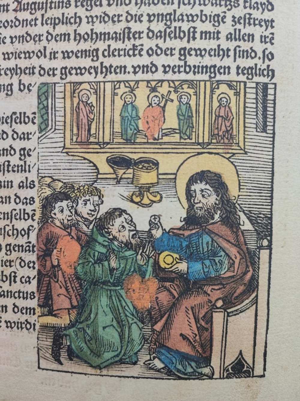 Krisztus megáldoztatja híveit. In: Schedel, Hartmann, Liber chronicarum: Das Buch der Chroniken, Nürnberg, 1493. Számos színezett fametszettel. RNYT, Inc. 88 – Régi Nyomtatványok Tára