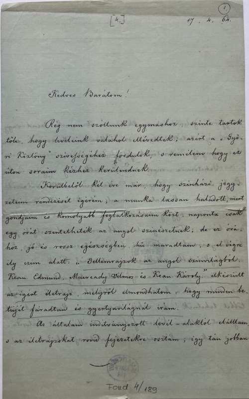 Rónay Jácint levele Tóth Józsefhez, London, 1864. ápr. 17. – Színháztörténeti és Zeneműtár Színháztörténeti Gyűjtemény SZT Fond 4/189