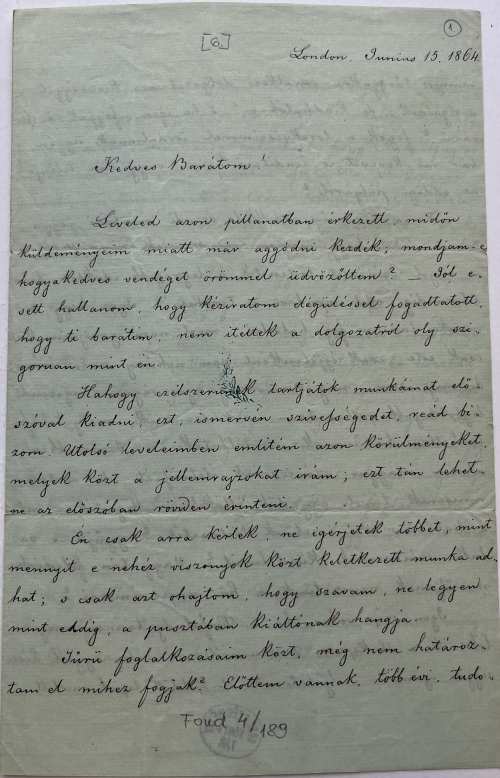 Rónay Jácint levele Tóth Józsefhez, London, 1864. június 15. – Színháztörténeti és Zeneműtár Színháztörténeti Gyűjtemény SZT Fond 4/ 189