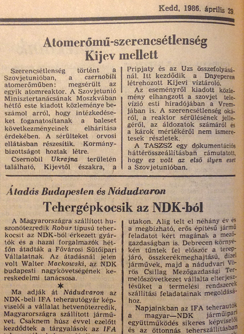Magyar Nemzet 1986. áprilsi 29. 8. oldal. OSZK Törzsgyűjtemény