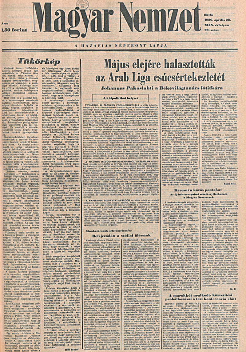 Magyar Nemzet 1986. április 28. OSZK Törzsgyűjtemény