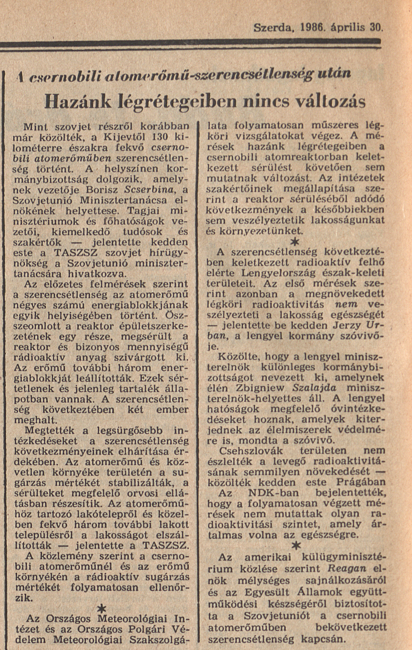 Magyar Nemzet 6. oldal. 1986. április 30. OSZK Törzsgyűjtemény
