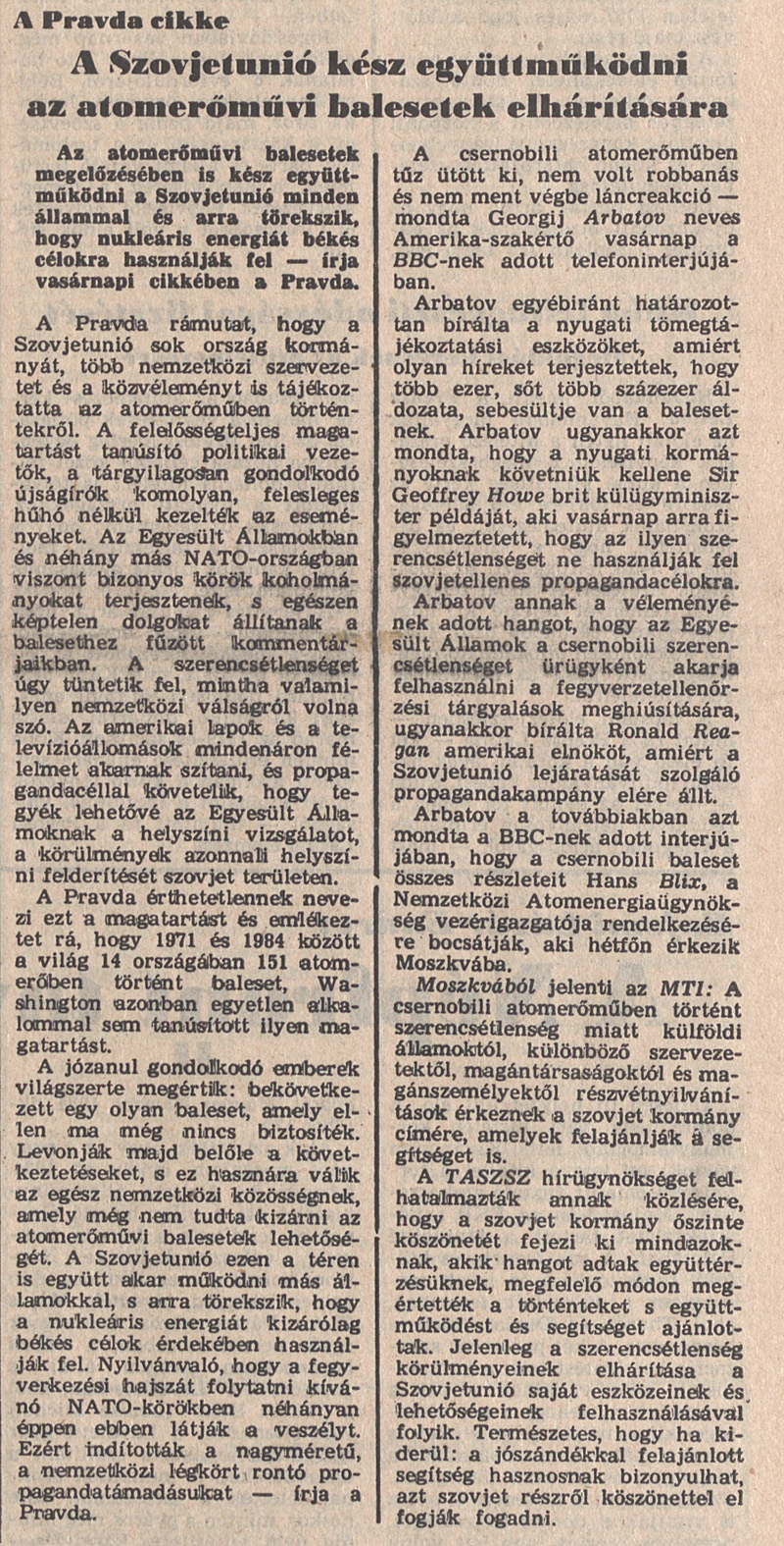 Magyar Nemzet 1986. május 5. Címlap. OSZK Törzsgyűjtemény