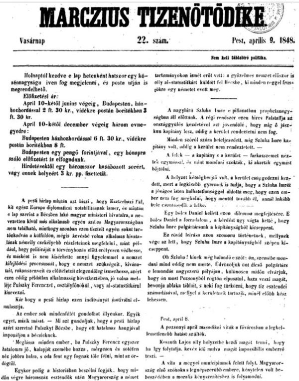 Marczius Tizenötödike, 1. évf. 22. sz. (1848. március 9.). Címlap – Törzsgyűjtemény https://nektar.oszk.hu/hu/manifestation/954636