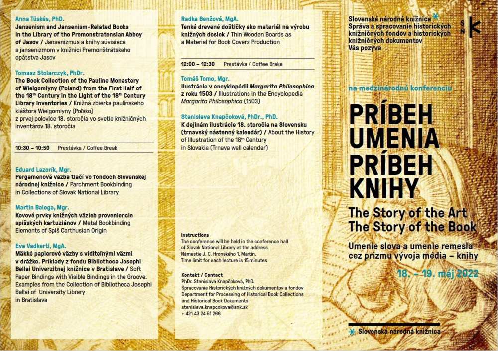 A The Story of The Art – The Story of The Book című, a Szlovák Nemzeti Könyvtár által  2022. május 18–19-én Túrócszentmártonban megrendezett régikönyves konferencia programja