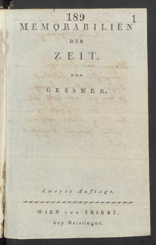 Gessner, Georg [hrsg.]: Memorabilien der Zeit, Wien – Baden – Triest, Geistinger, [1804]. Jelzet: Oct. Germ. 257. Címlap – Kézirattár