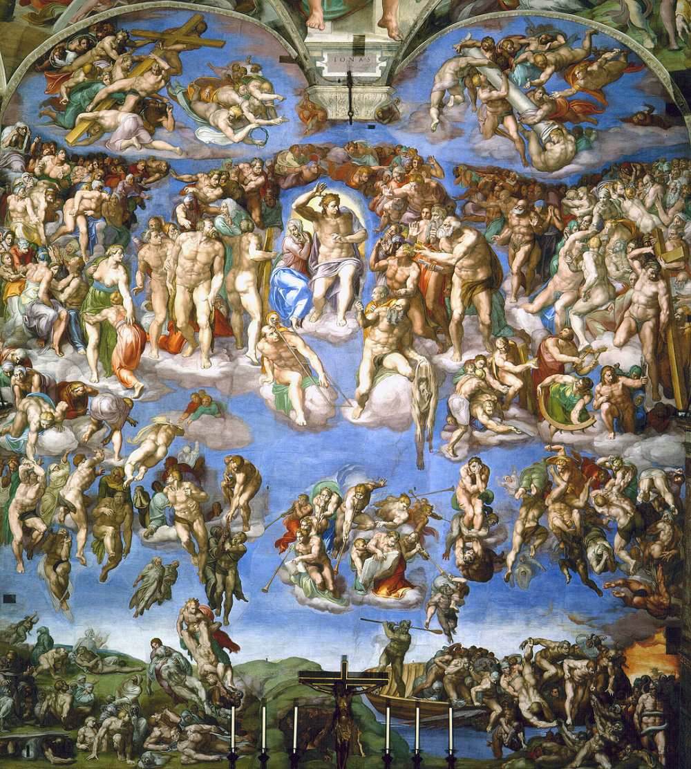 Michelangelo Buonarotti: Utolsó ítélet. A Sixtus-kápolna (Vatikánváros, Róma) oltárfala, 1536–1541. A kép forrása: Wikipédia https://tinyurl.com/2p87ppva