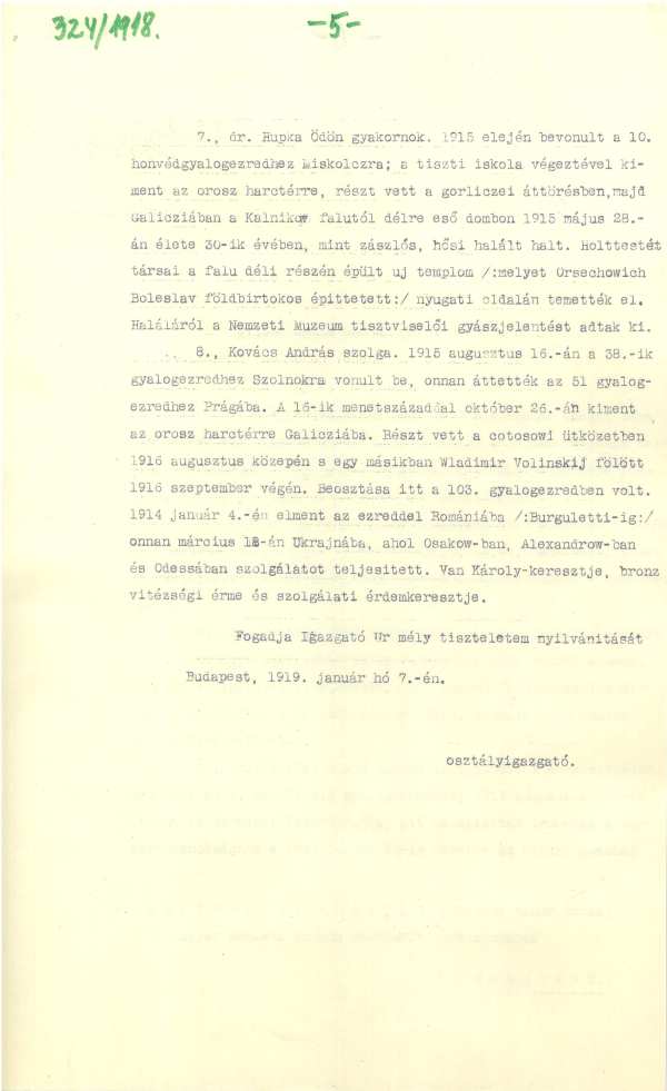 Osztályvezetői kimutatás az I. világháborúban katonai szolgálatot teljesített nemzeti múzeumi tisztviselőkről és alkalmazottakról. Jelzet: OSZKI 1918/324 – OSZK Irattár