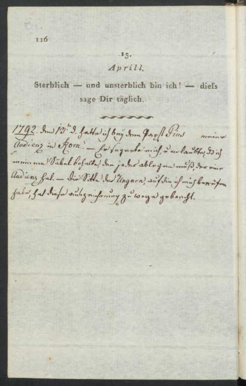 Széchényi Ferenc 1792. április 13-i visszaemlékező bejegyzése. In: Gessner, Georg [hrsg.]: Memorabilien der Zeit, Wien – Baden – Triest, Geistinger, [1804]. Jelzet: Oct. Germ. 257. 1792. április 13. – Kézirattár