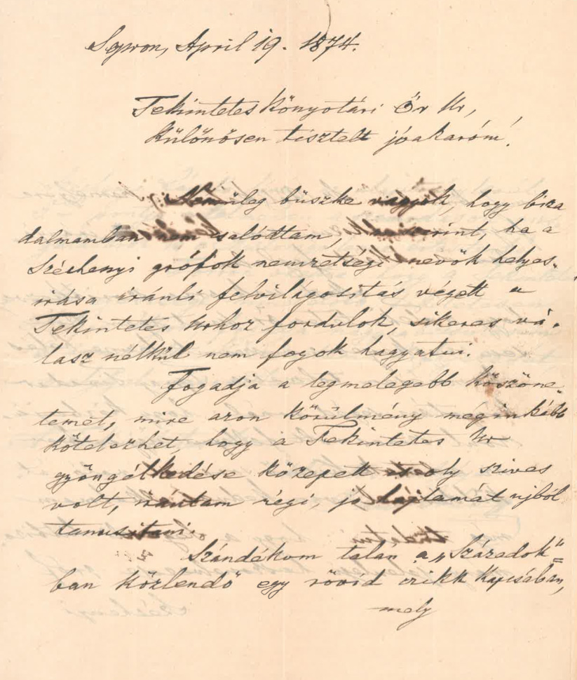 Paúr Iván levele Mátray Gábornak. 1874. április 19. – OSZK Irattár