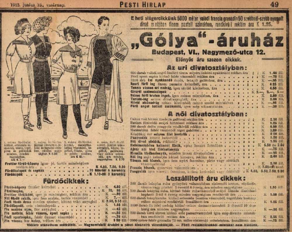 A Gólya áruház reklámja 1913-ból. In: Pesti Hírlap, 35. évf. 141. sz., 1913. június 15. – Törzsgyűjtemény https://nektar.oszk.hu/hu/manifestation/1018755