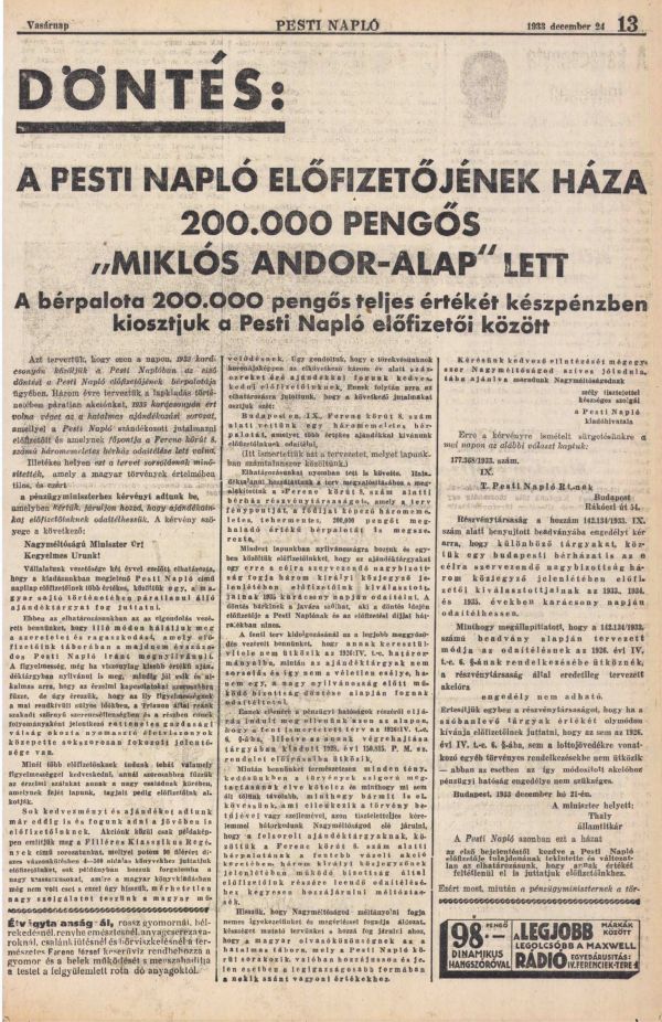 Pesti Napló, 84. évf. 292. sz. (1933. december 24.), 13. – Törzsgyűjtemény https://nektar.oszk.hu/hu/manifestation/980894