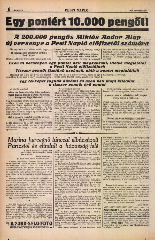 Pesti Napló, 85. évf. 266. sz. (1934. november 25.), 6. – Törzsgyűjtemény https://nektar.oszk.hu/hu/manifestation/980894