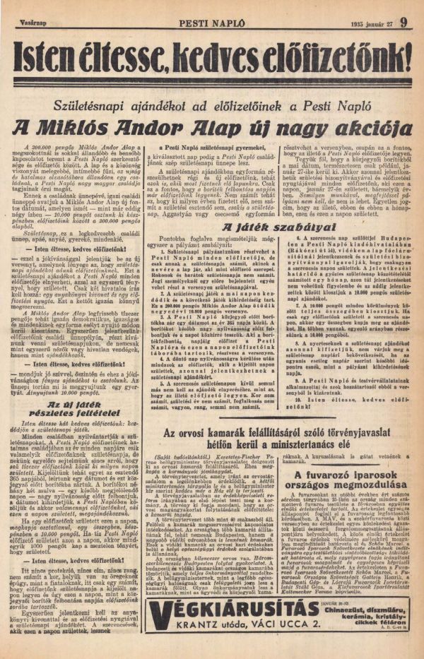 Pesti Napló, 86. évf. 23. sz. (1935. január 27.), 9. – Törzsgyűjtemény https://nektar.oszk.hu/hu/manifestation/980894