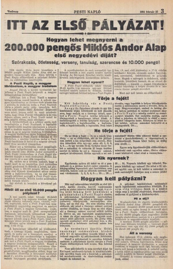 Pesti Napló, 85. évf. 45. sz. (1934. február 25.), 3. – Törzsgyűjtemény https://nektar.oszk.hu/hu/manifestation/980894