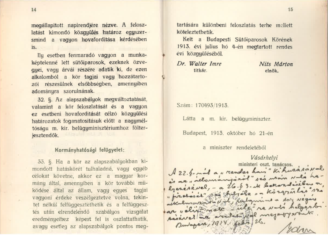 A Budapesti sütőiparosok körének 1914-ben megjelent alapszabályai. Részlet.