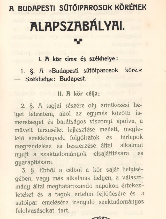 A Budapesti sütőiparosok körének 1914-ben megjelent alapszabályai. Részlet.