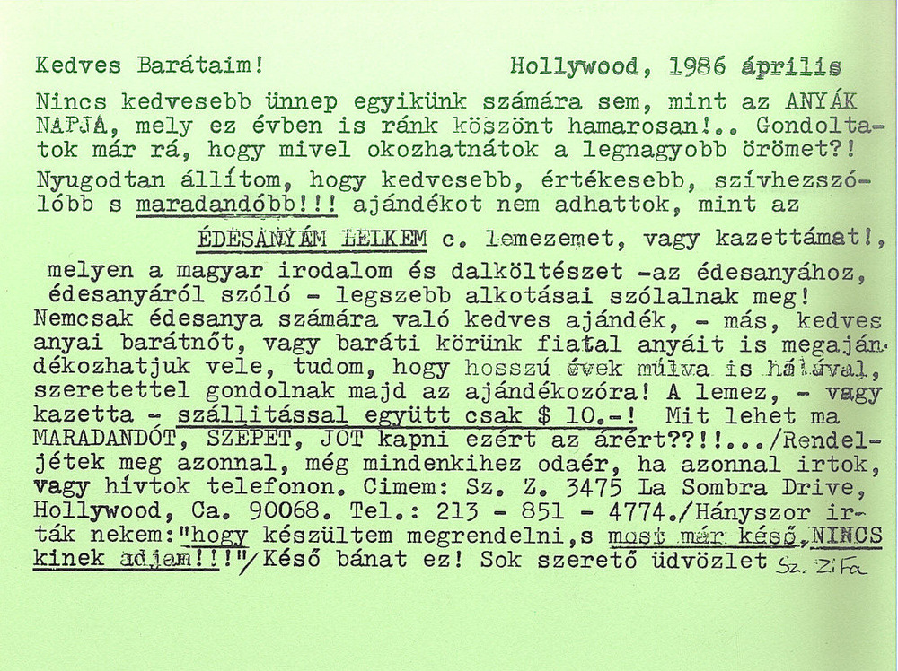 Szeleczky Zita lemezeladási reklámszövege 1986-ból – Színháztörténeti Tár