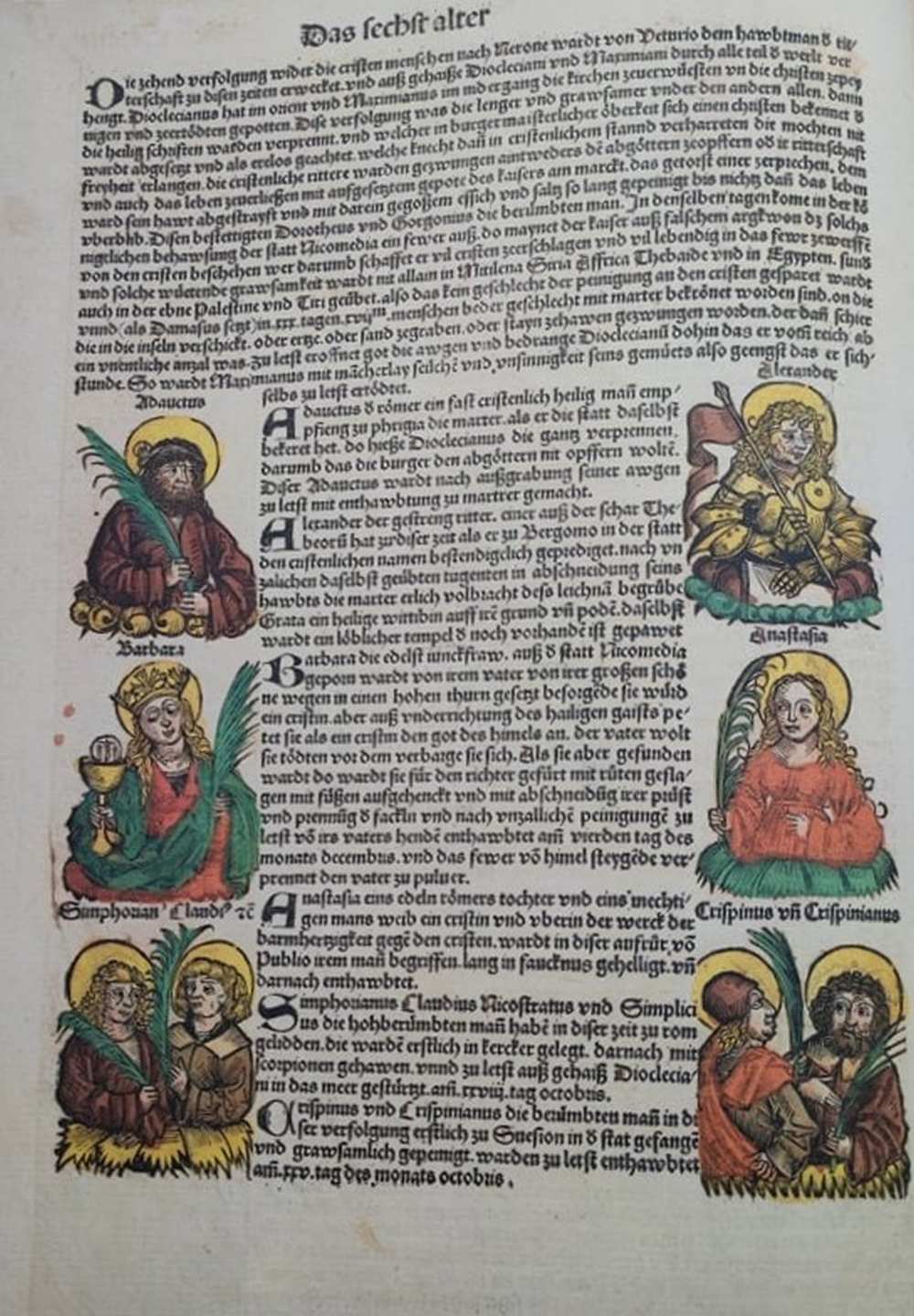 Szent Borbála. In: Schedel, Hartmann, Liber chronicarum: Das Buch der Chroniken, Nürnberg, 1493. Számos színezett fametszettel. RNYT, Inc. 88 – Régi Nyomtatványok Tára