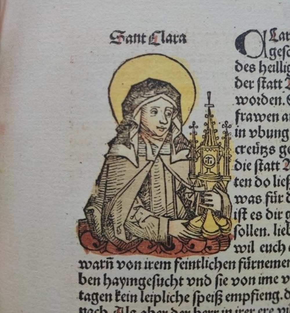 Szent Klára. In: Schedel, Hartmann, Liber chronicarum: Das Buch der Chroniken, Nürnberg, 1493. Számos színezett fametszettel. RNYT, Inc. 88 – Régi Nyomtatványok Tára