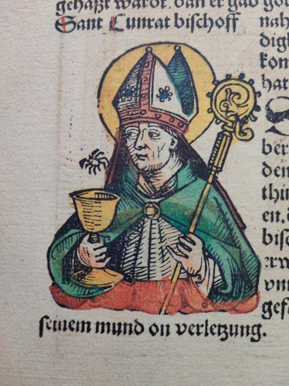 Szent Konrád. In: Schedel, Hartmann, Liber chronicarum: Das Buch der Chroniken, Nürnberg, 1493. Számos színezett fametszettel. RNYT, Inc. 88 – Régi Nyomtatványok Tára
