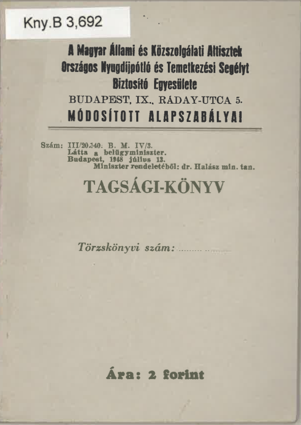 Tagsági-könyv és alapszabály részlete 1948-ból