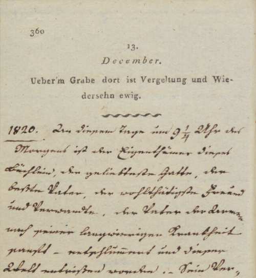 Festetics Julianna 1820. december 13-i bejegyzése. In: Gessner, Georg [hrsg.]: Memorabilien der Zeit, Wien – Baden – Triest, Geistinger, [1804]. Jelzet: Oct. Germ. 257.– Kézirattár