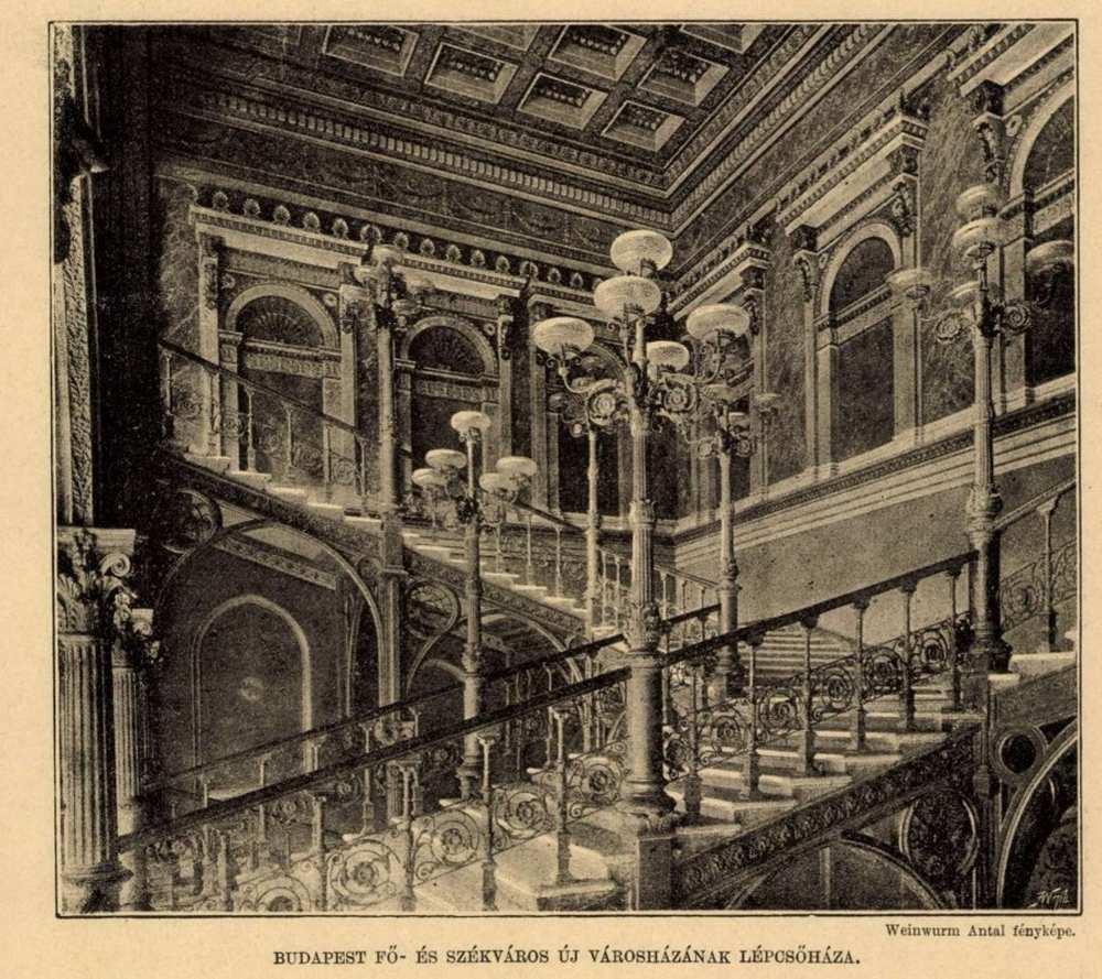 Budapest fő- és székváros új városházának lépcsőháza. In: Vasárnapi Ujság, Képes folyóirat, 1892. 12. kötet, 433.