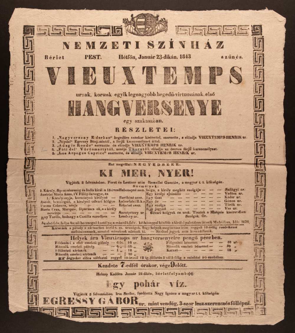 Henri Vieuxtemps 1843. január 23-án, a Nemzeti Színházban adott első hangversenyének színlapja ‒ Színháztörténeti és Zeneműtár, zeneműtári gyűjtemény, ZH 38 Thern Károly hagyatéka