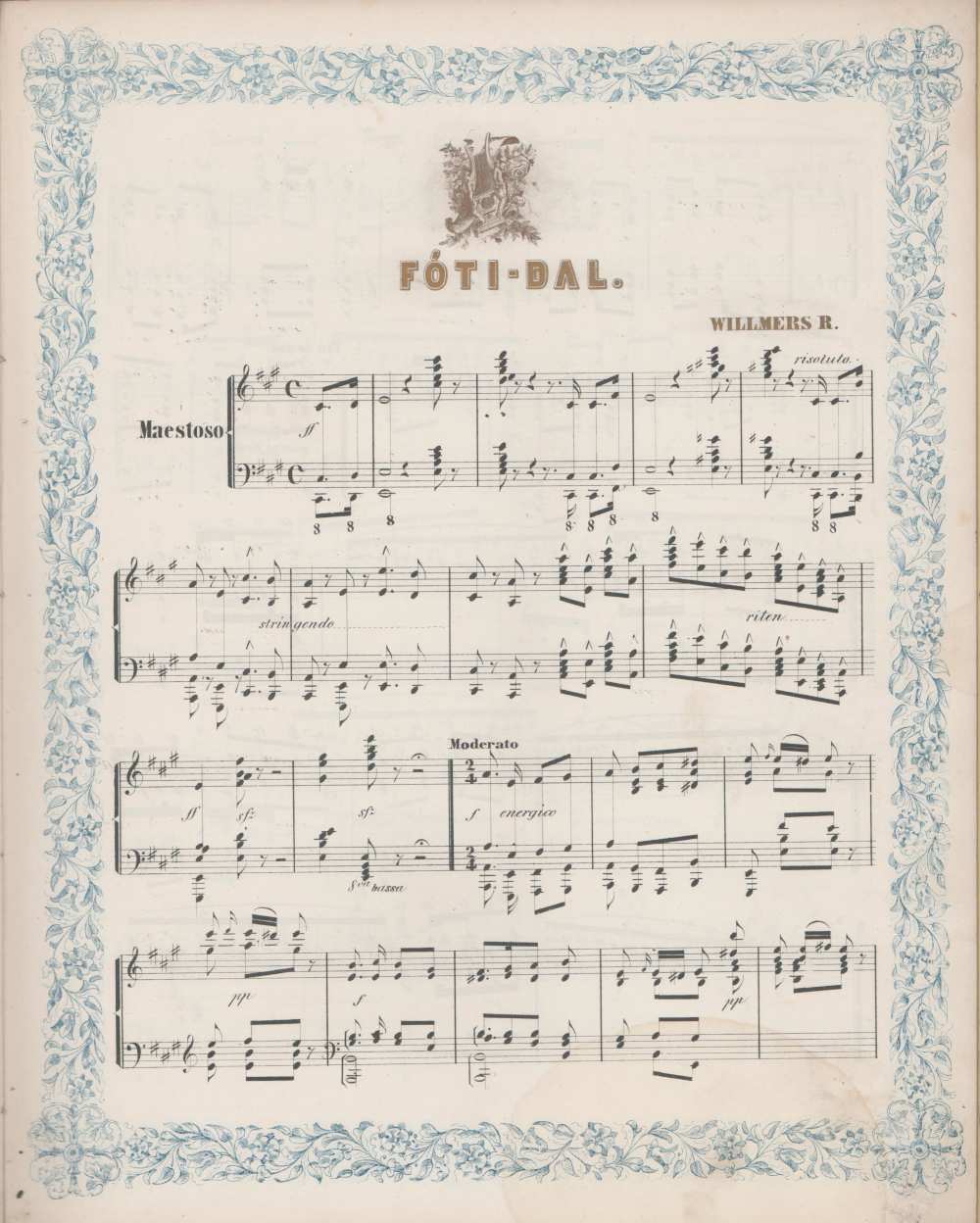 Rudolf Willmers Fóti dal-feldolgozásának első kottás oldala Szerelmey Miklós 1845-ös kiadásában ‒ Színháztörténeti és Zeneműtár, zeneműtári gyűjtemény, Z 50.715