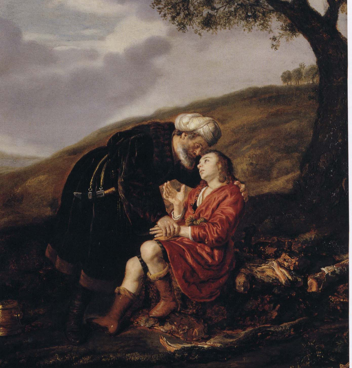 Jan Victors: Ábrahám és Izsák az áldozat előtt (1642)<br />A barokk divatnak megfelelő öltözetben a bronzkorban.