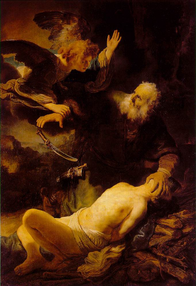 Rembrandt: Izsák feláldozása (1635)<br />Az angyal mintha hatalmas sallert készülne lekeverni Ábrahámnak, mondván: „Elment az eszed, ember? Mégis mit képzelsz, mit csinálsz?”