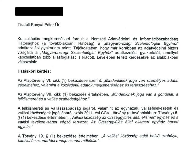 A NAIH hivatalos állásfoglalása a szcientológia adatkezeléséről