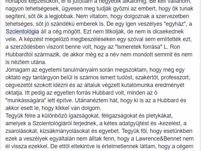 Visszajelzés egy szcientológus kötődésű üzleti tanácsadó cégről