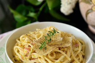 Káposztás-füstölt sonkás spagetti