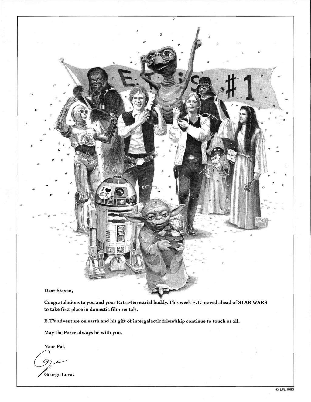 A Star Wars szereplői vállukra emelik E.T.-t. Lucas a Varietyben feladott hirdetésben gratulált Spielbergnek 1982-es filmje sikeréhez.