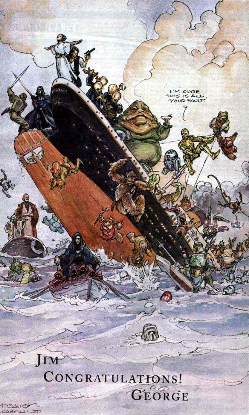 1998-ban George Lucas ezzel a grafikával kedveskedett James Cameronnak, amikor a Titanic elhódította a Star Wars elsőségét.